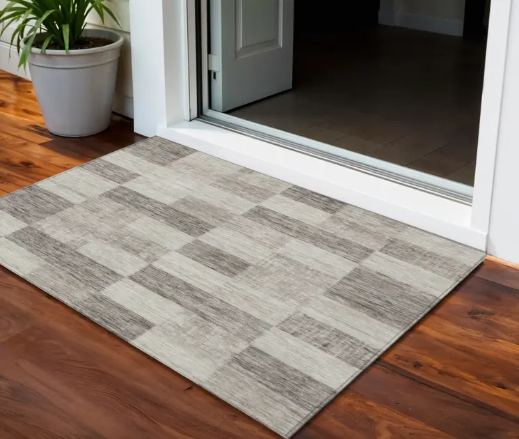 3' X 5' Beige And Gray Geometric Washable Indoor Outdoor Area Rug