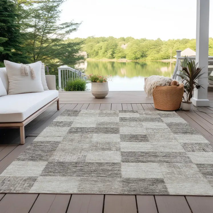 3' X 5' Beige And Gray Geometric Washable Indoor Outdoor Area Rug
