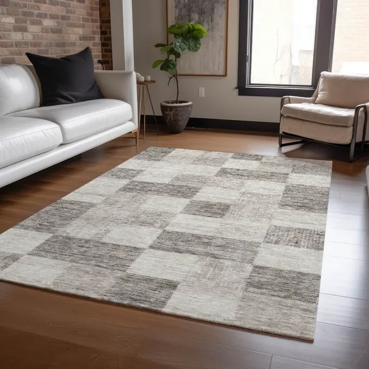 3' X 5' Beige And Gray Geometric Washable Indoor Outdoor Area Rug