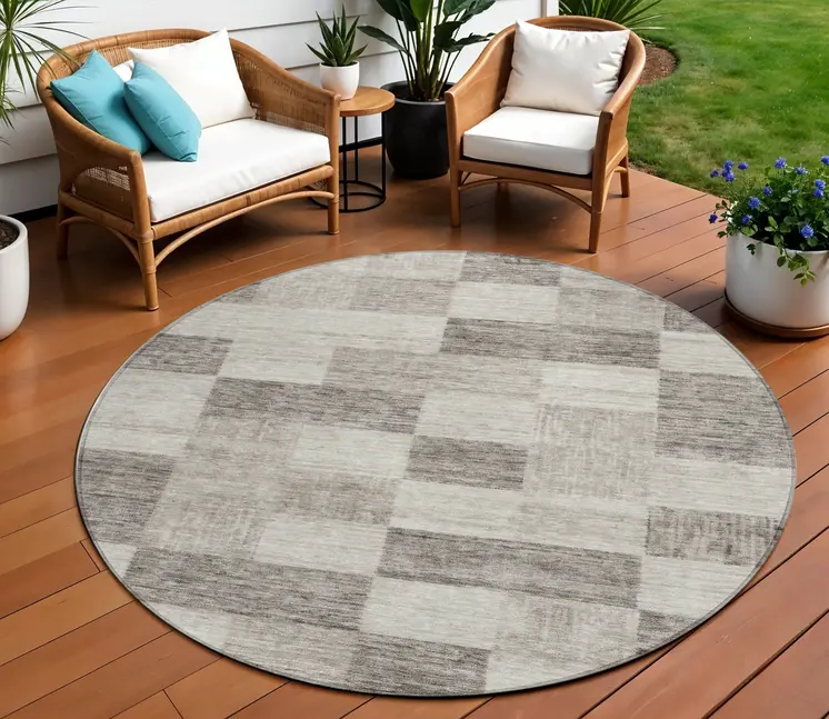 8' Beige And Gray Round Geometric Washable Indoor Outdoor Area Rug