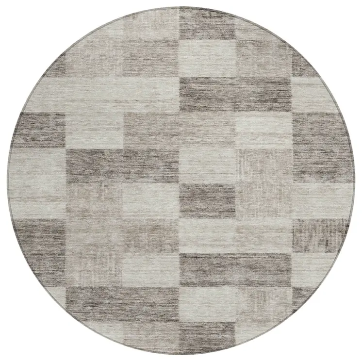 8' Beige And Gray Round Geometric Washable Indoor Outdoor Area Rug
