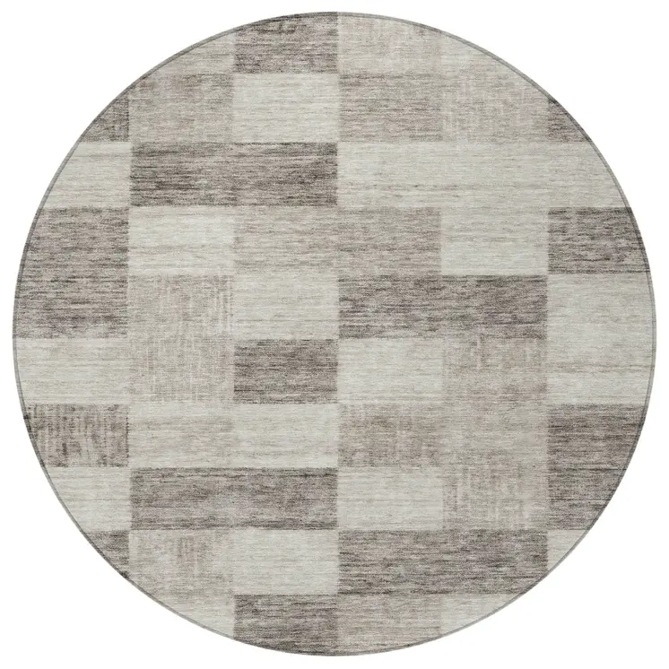 8' Beige And Gray Round Geometric Washable Indoor Outdoor Area Rug