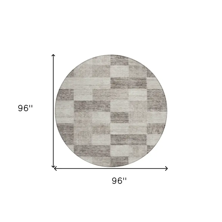 8' Beige And Gray Round Geometric Washable Indoor Outdoor Area Rug