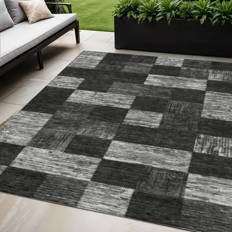 5' X 8' Black And Gray Geometric Washable Indoor Outdoor Area Rug