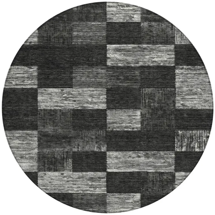 8' Black And Gray Round Geometric Washable Indoor Outdoor Area Rug