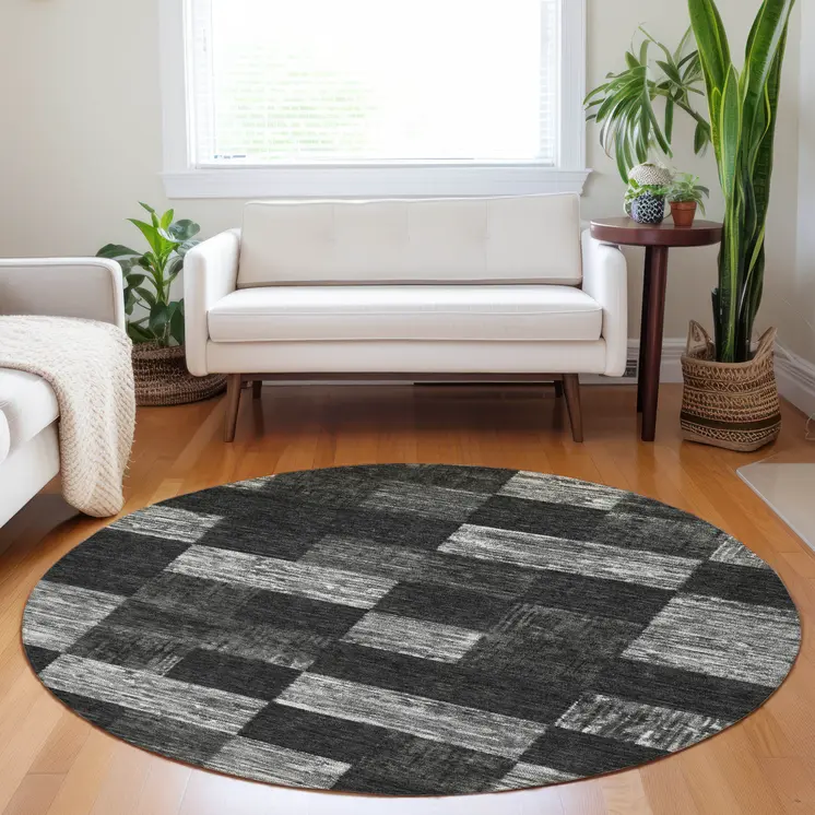 8' Black And Gray Round Geometric Washable Indoor Outdoor Area Rug