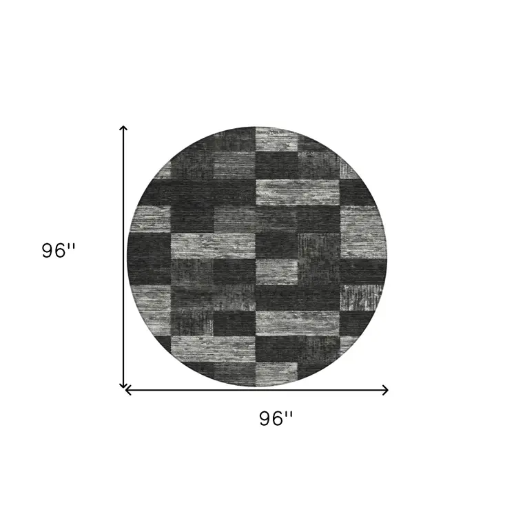 8' Black And Gray Round Geometric Washable Indoor Outdoor Area Rug