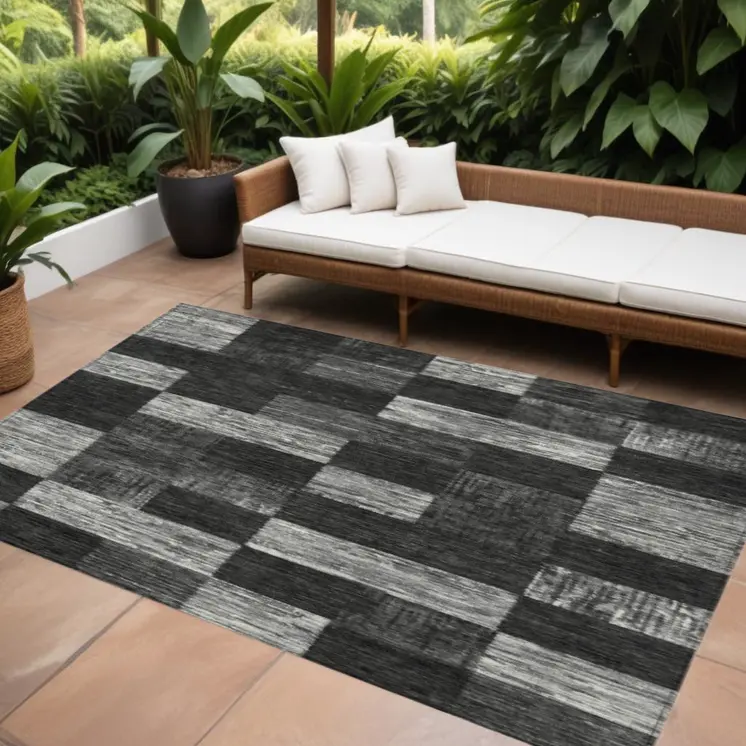 8' X 10' Black And Gray Geometric Washable Indoor Outdoor Area Rug
