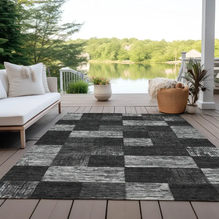 8' X 10' Black And Gray Geometric Washable Indoor Outdoor Area Rug