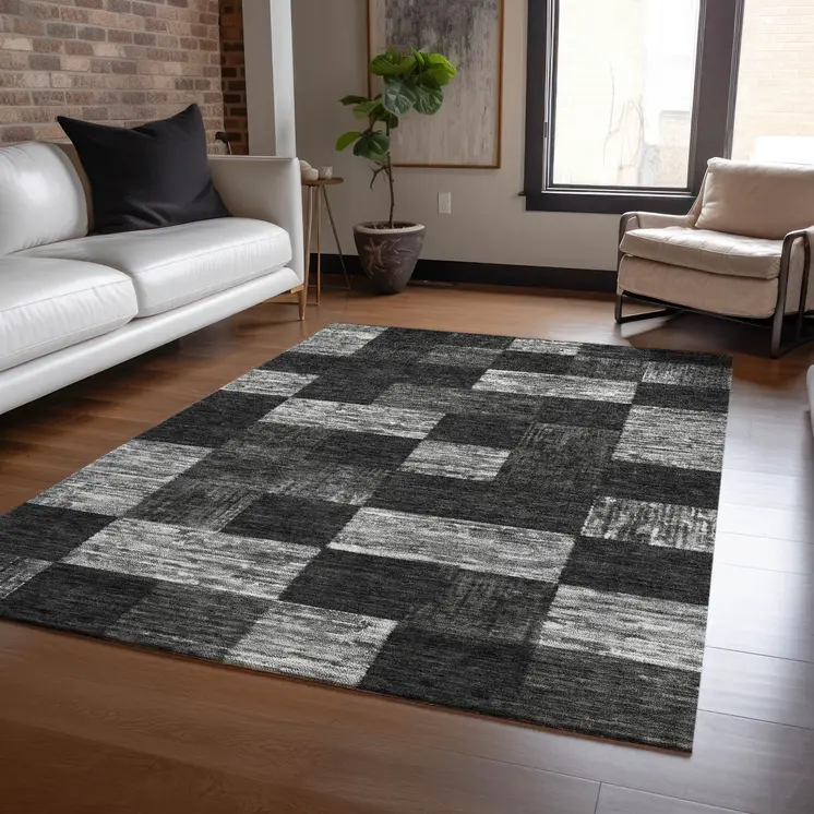 8' X 10' Black And Gray Geometric Washable Indoor Outdoor Area Rug