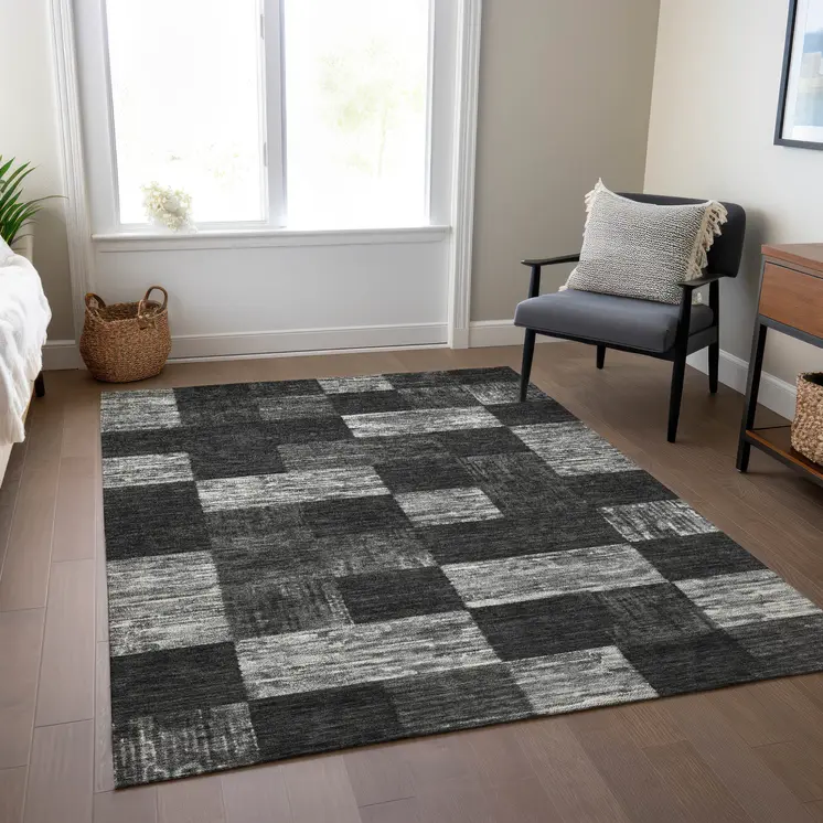 8' X 10' Black And Gray Geometric Washable Indoor Outdoor Area Rug