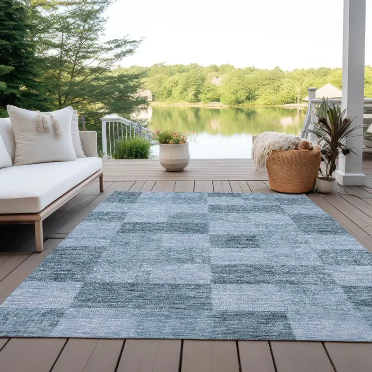 3' X 5' Denim Blue And Light Blue Geometric Washable Indoor Outdoor Area Rug