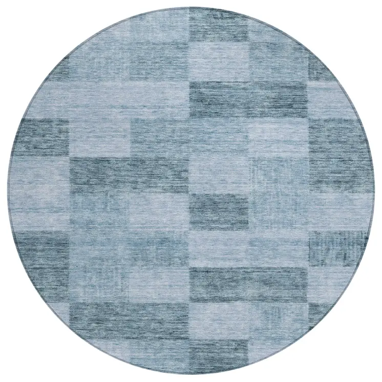 8' Denim Blue And Light Blue Round Geometric Washable Indoor Outdoor Area Rug