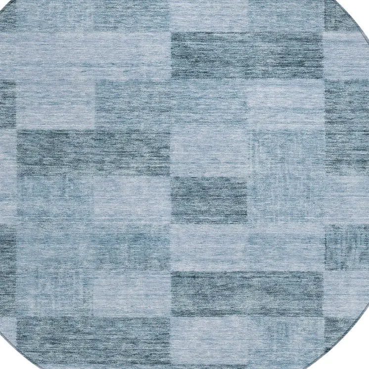 8' Denim Blue And Light Blue Round Geometric Washable Indoor Outdoor Area Rug