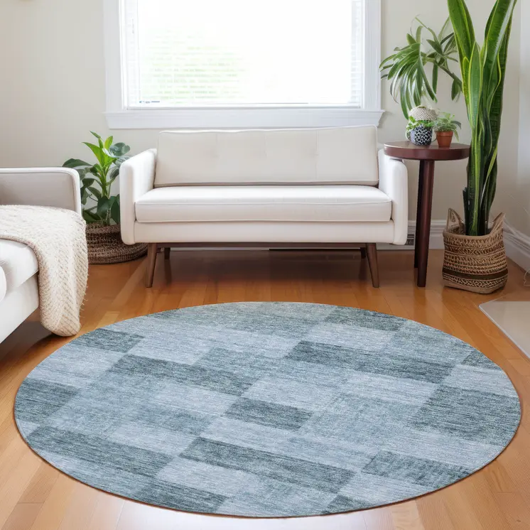 8' Denim Blue And Light Blue Round Geometric Washable Indoor Outdoor Area Rug