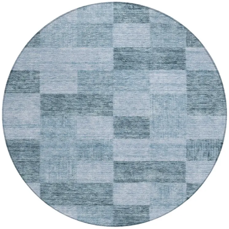 8' Denim Blue And Light Blue Round Geometric Washable Indoor Outdoor Area Rug