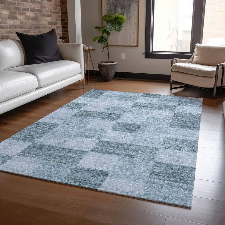 8' X 10' Denim Blue And Light Blue Geometric Washable Indoor Outdoor Area Rug