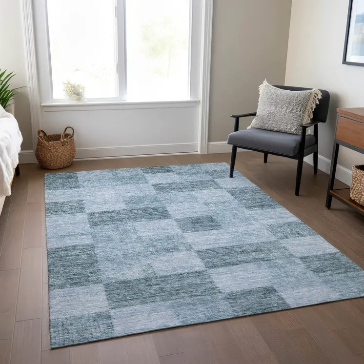 8' X 10' Denim Blue And Light Blue Geometric Washable Indoor Outdoor Area Rug