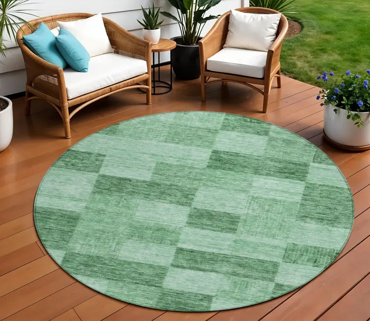 8' Light Green And Dark Green Round Geometric Washable Indoor Outdoor Area Rug