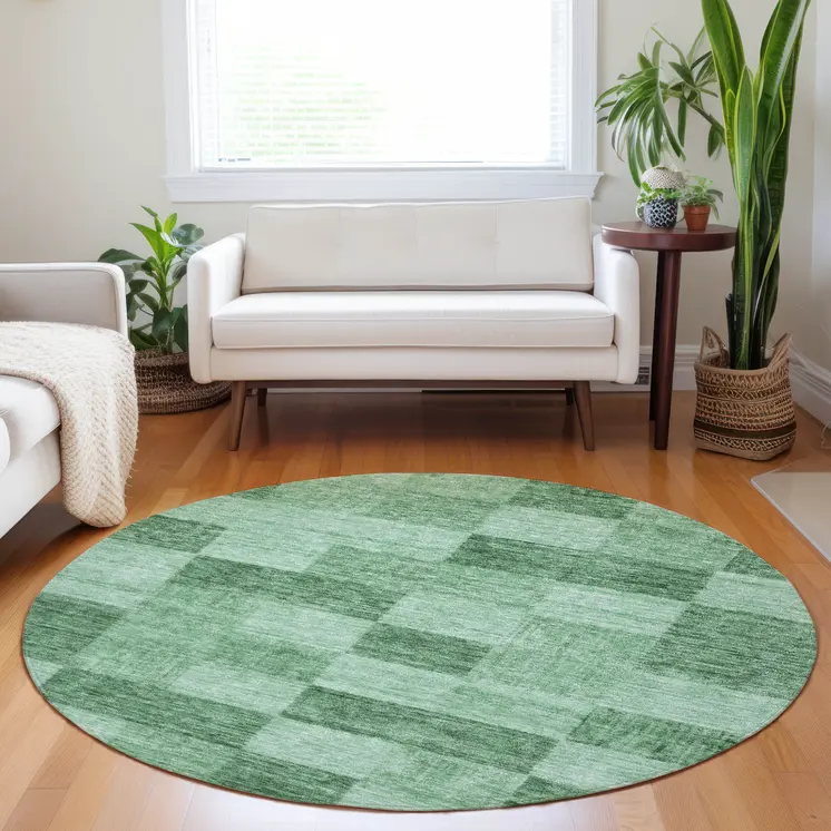 8' Light Green And Dark Green Round Geometric Washable Indoor Outdoor Area Rug