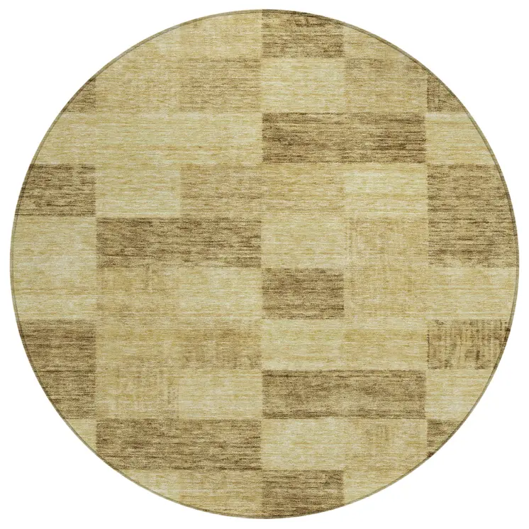8' Gold And Brown Round Geometric Washable Indoor Outdoor Area Rug