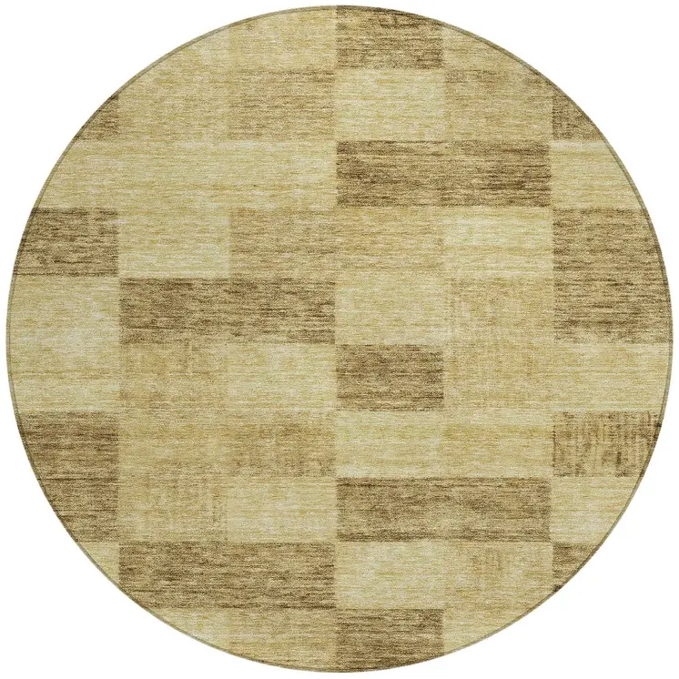 8' Gold And Brown Round Geometric Washable Indoor Outdoor Area Rug