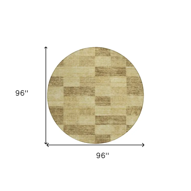 8' Gold And Brown Round Geometric Washable Indoor Outdoor Area Rug