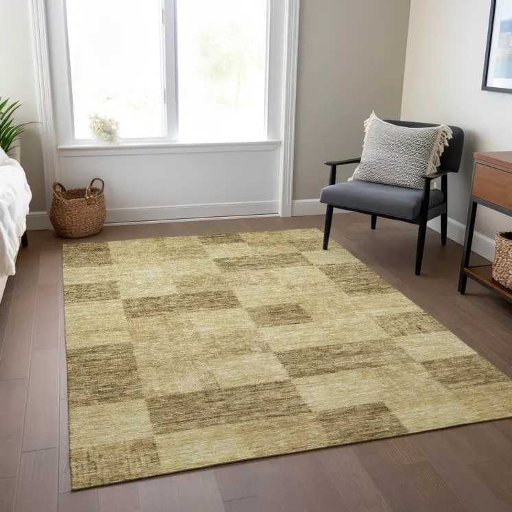 10' X 14' Gold And Brown Geometric Washable Indoor Outdoor Area Rug