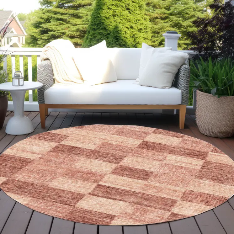 8' Terra Cotta And Pink Round Geometric Washable Indoor Outdoor Area Rug