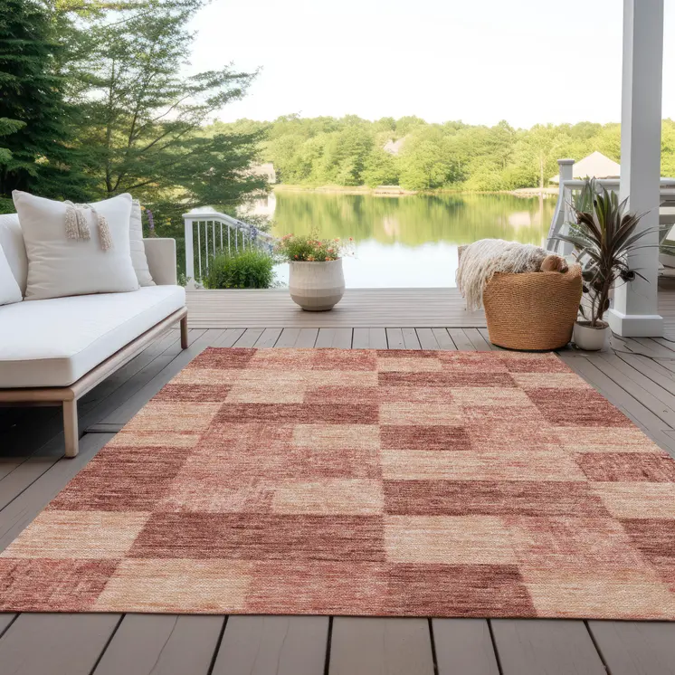 9' X 12' Terra Cotta And Pink Geometric Washable Indoor Outdoor Area Rug