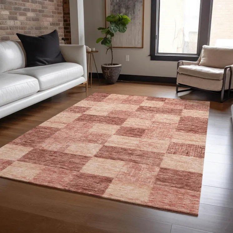 9' X 12' Terra Cotta And Pink Geometric Washable Indoor Outdoor Area Rug