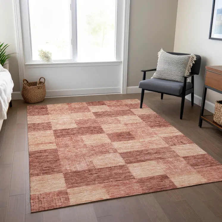 9' X 12' Terra Cotta And Pink Geometric Washable Indoor Outdoor Area Rug