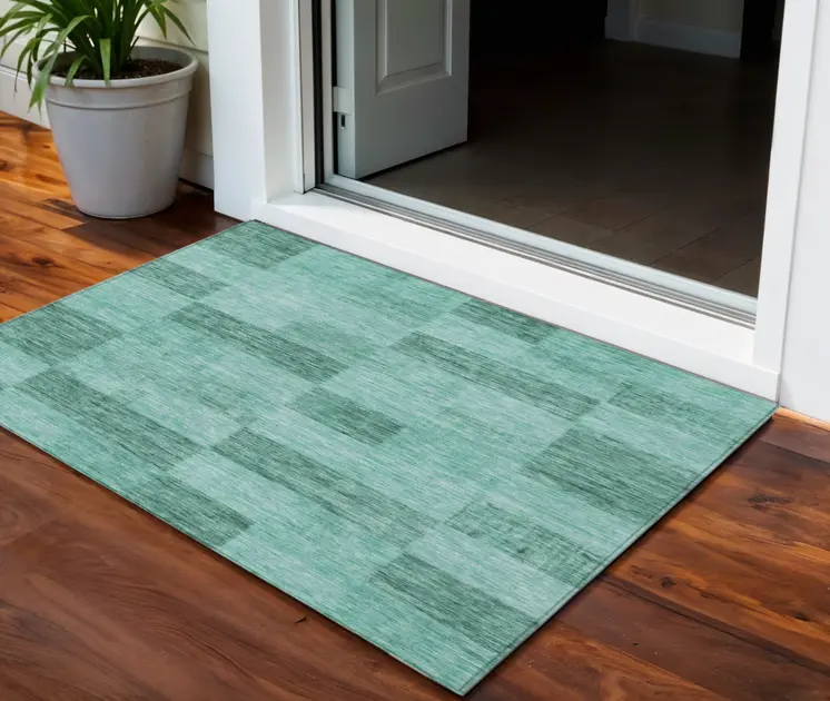 3' X 5' Blue And Aqua Geometric Washable Indoor Outdoor Area Rug