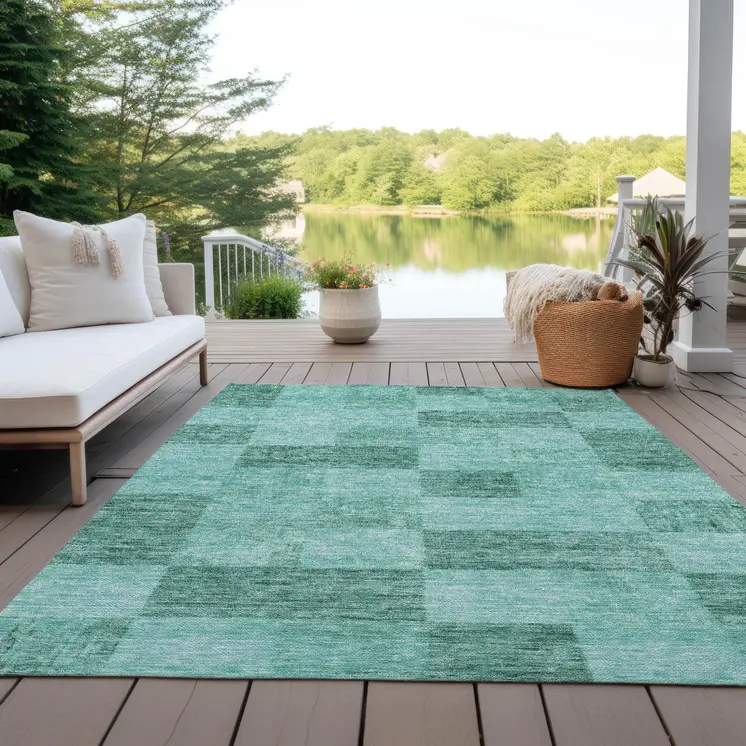 3' X 5' Blue And Aqua Geometric Washable Indoor Outdoor Area Rug