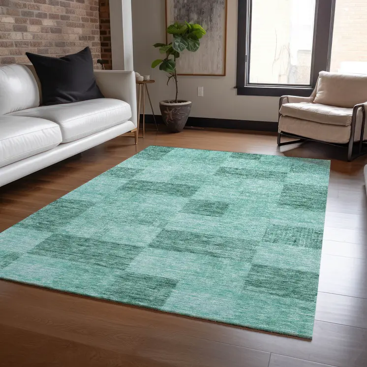 3' X 5' Blue And Aqua Geometric Washable Indoor Outdoor Area Rug