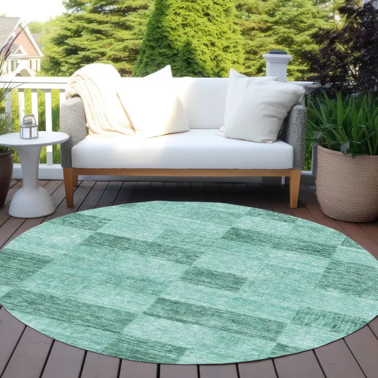 8' Blue And Aqua Round Geometric Washable Indoor Outdoor Area Rug