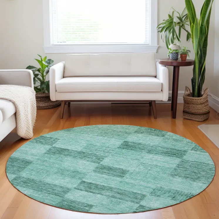 8' Blue And Aqua Round Geometric Washable Indoor Outdoor Area Rug
