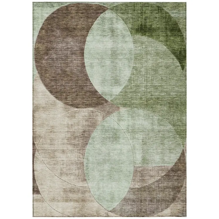 3' X 5' Artichoke Green Brown And Beige Geometric Washable Indoor Outdoor Area Rug