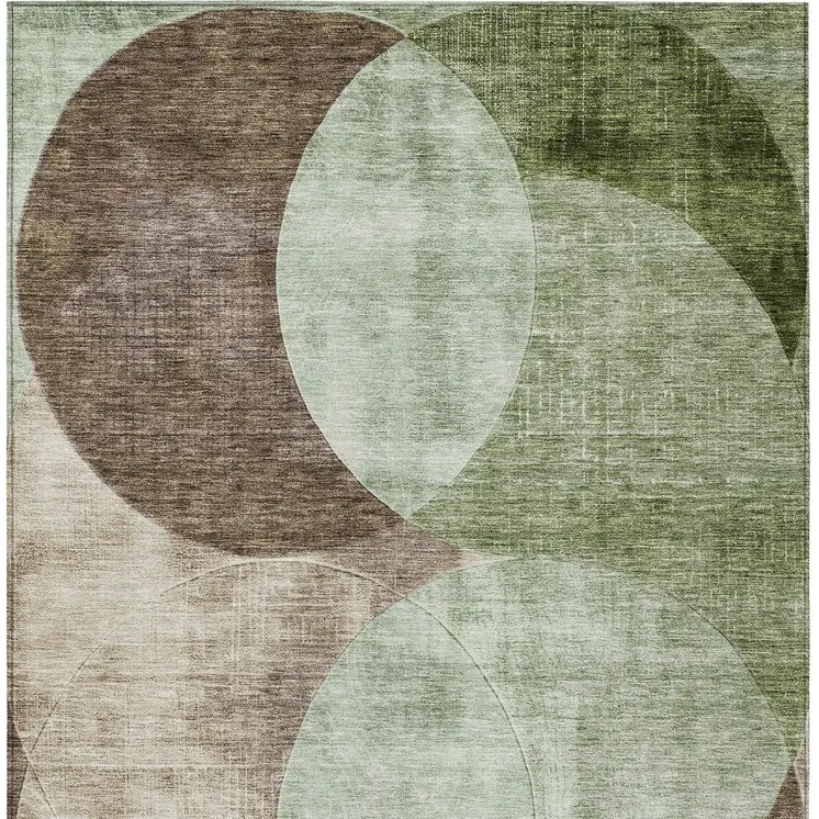 3' X 5' Artichoke Green Brown And Beige Geometric Washable Indoor Outdoor Area Rug