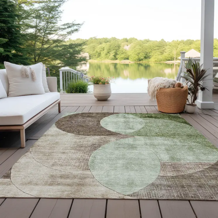 5' X 8' Artichoke Green Brown And Beige Geometric Washable Indoor Outdoor Area Rug
