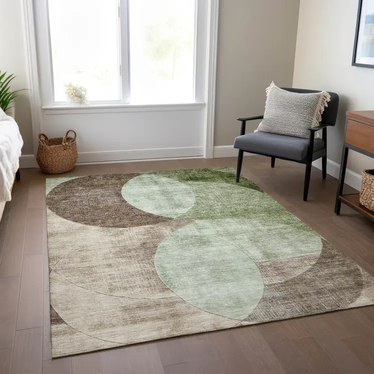 5' X 8' Artichoke Green Brown And Beige Geometric Washable Indoor Outdoor Area Rug