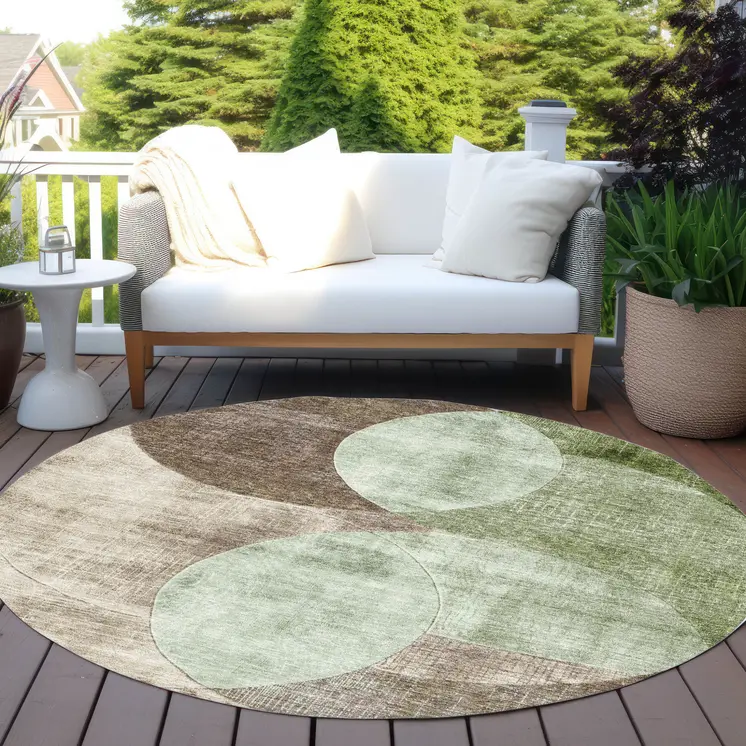 8' Artichoke Green Brown And Beige Round Geometric Washable Indoor Outdoor Area Rug