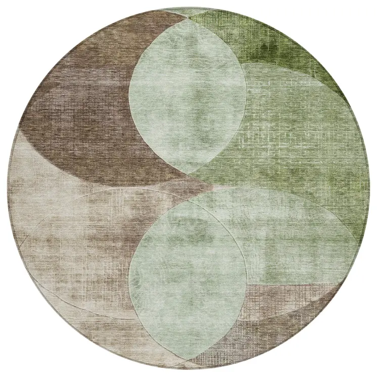 8' Artichoke Green Brown And Beige Round Geometric Washable Indoor Outdoor Area Rug