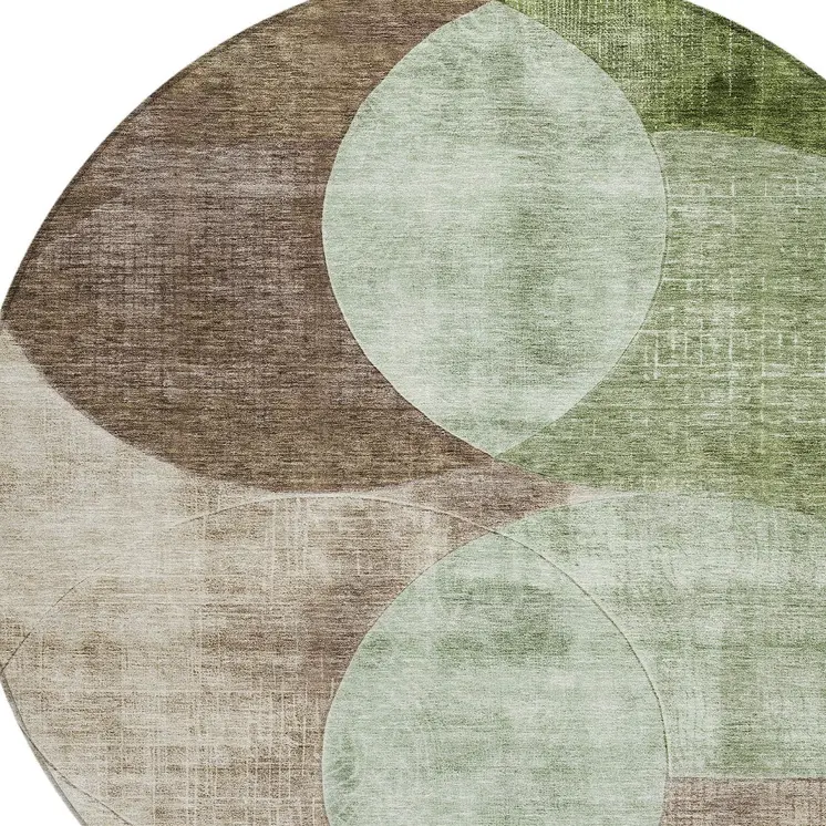 8' Artichoke Green Brown And Beige Round Geometric Washable Indoor Outdoor Area Rug