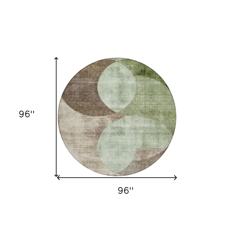 8' Artichoke Green Brown And Beige Round Geometric Washable Indoor Outdoor Area Rug