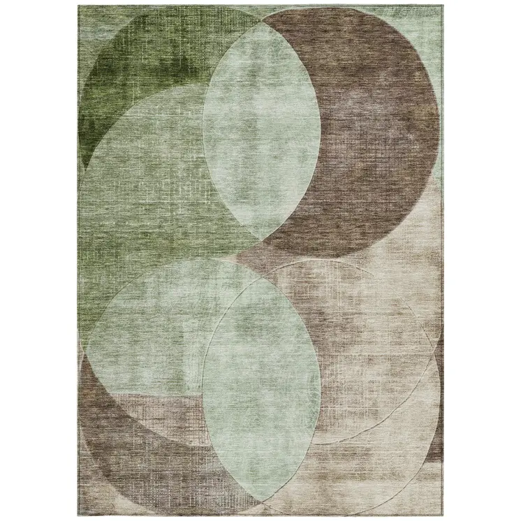 8' X 10' Artichoke Green Brown And Beige Geometric Washable Indoor Outdoor Area Rug