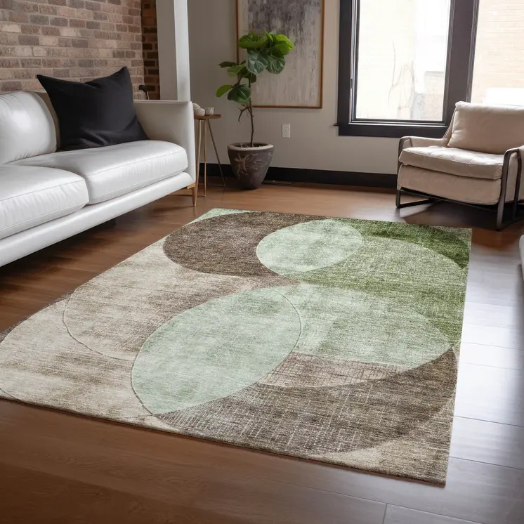 8' X 10' Artichoke Green Brown And Beige Geometric Washable Indoor Outdoor Area Rug