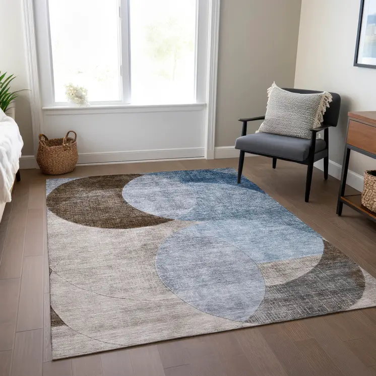 3' X 5' Denim Blue Brown And Beige Geometric Washable Indoor Outdoor Area Rug