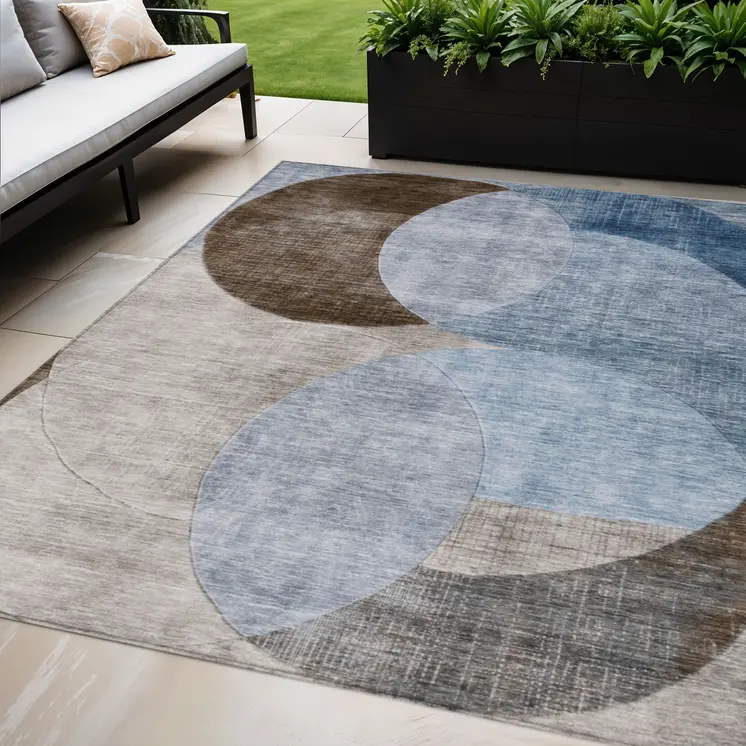 5' X 8' Denim Blue Brown And Beige Geometric Washable Indoor Outdoor Area Rug