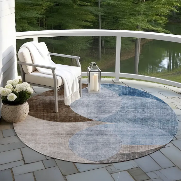 8' Denim Blue Brown And Beige Round Geometric Washable Indoor Outdoor Area Rug